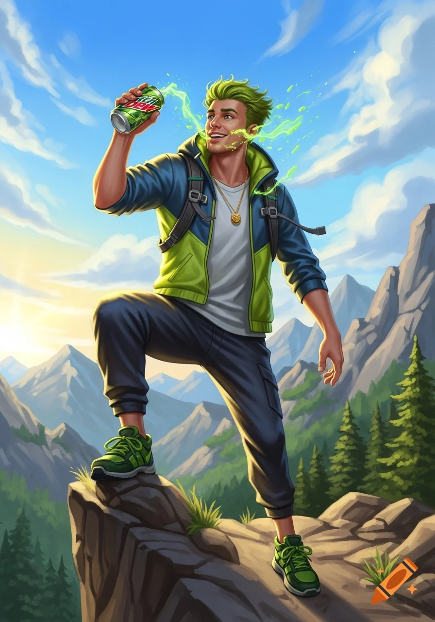 A vibrant illustration of a man with green hair and a backpack standing on a mountain peak, holding a can of Mountain Dew that splashes green liquid.