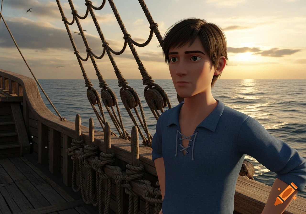 A CGI young man on a pirate ship, wearing a blue shirt, gazes at the ocean during sunset.