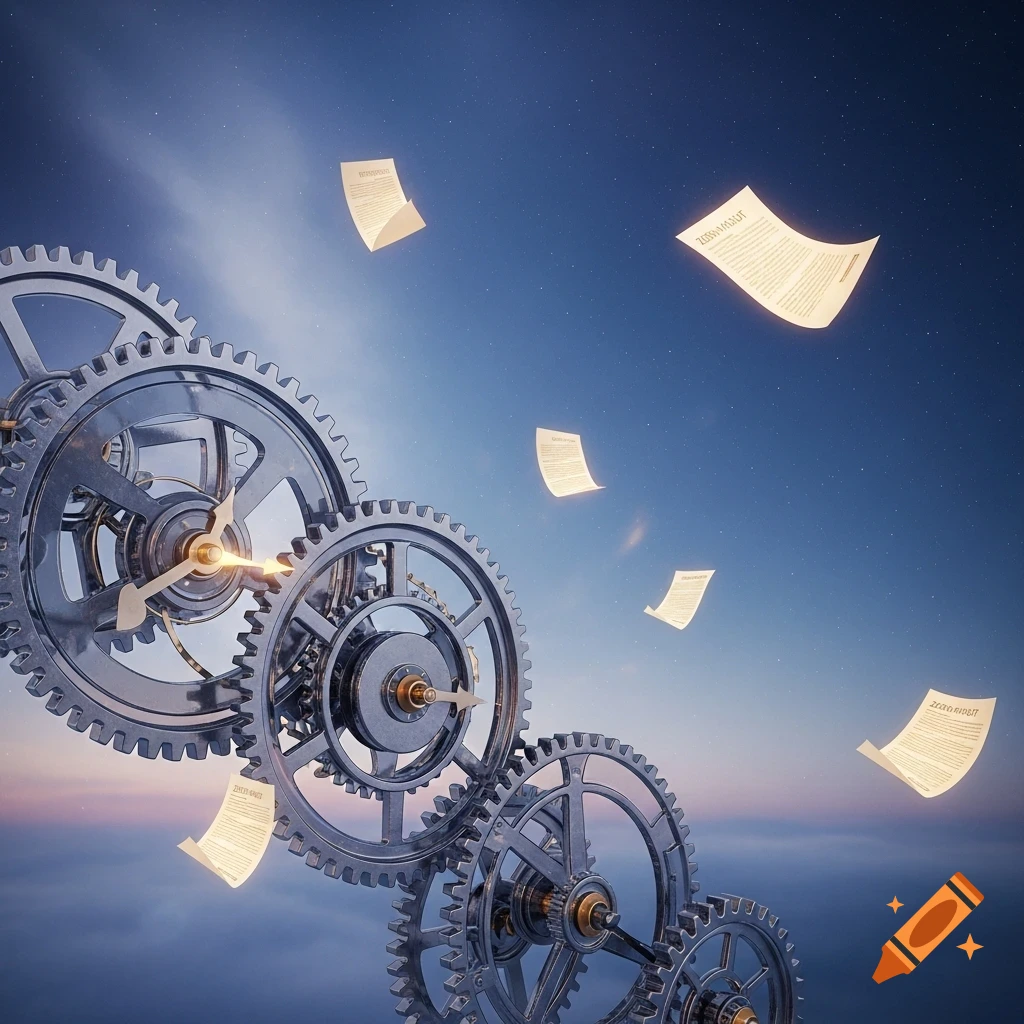 Metal gears with glowing centers float amidst numerous glowing papers against a blue sky, creating an abstract scene.