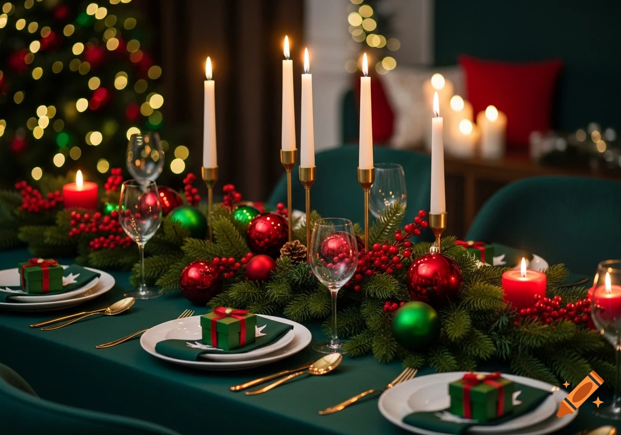 A festive Christmas dinner table decorated with evergreen garlands, red berries, ornaments, candles, and gift boxes, set in a warm, inviting atmosphere.