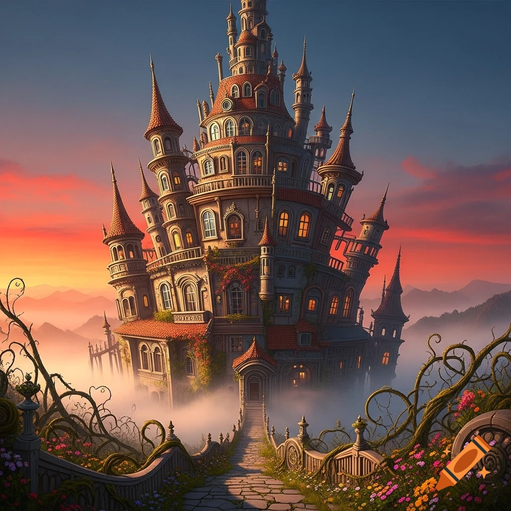 A whimsical, crooked fantasy castle with many spires and balconies, surrounded by mist and winding overgrown paths, set against a vibrant sunset sky.