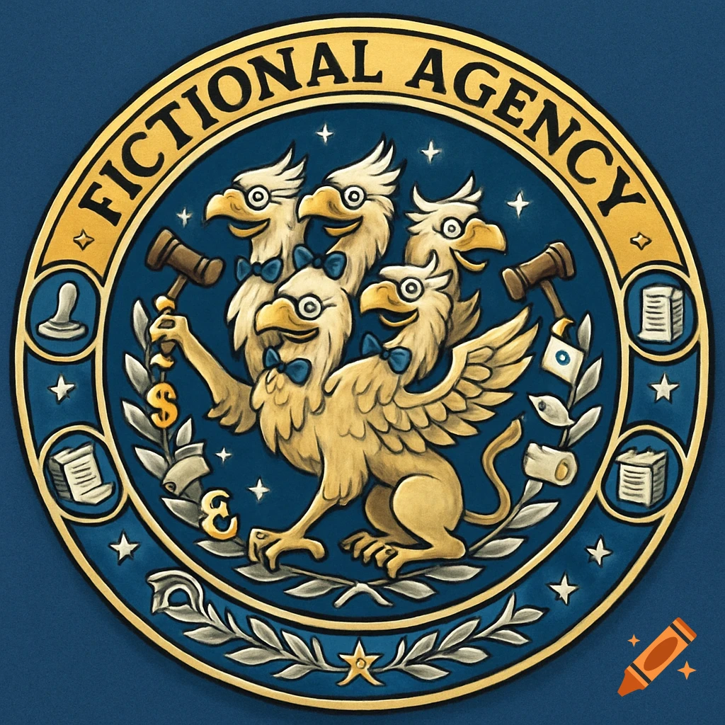 A cartoonish circular emblem with a four-headed griffin, glasses, and bow ties, holding a gavel and dollar sign, text 'FICTIONAL AGENCY'.