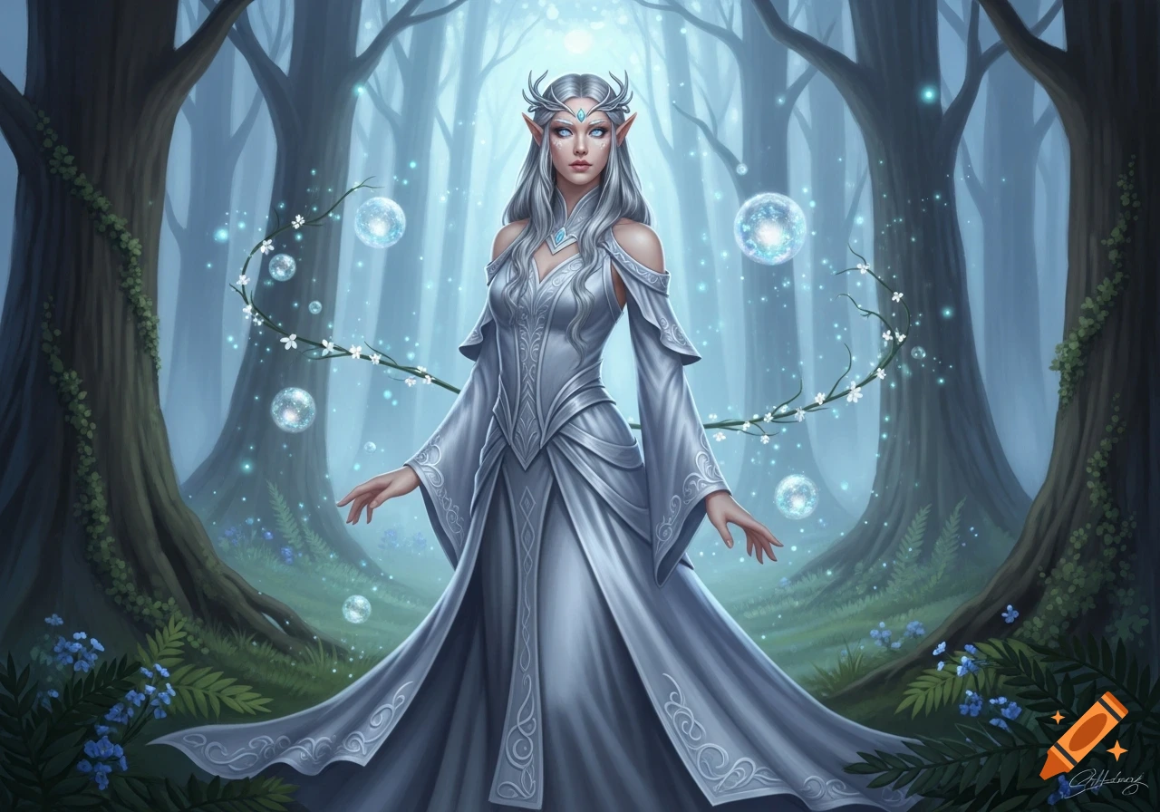 A silver-haired elf woman in a white gown stands in an enchanted forest with glowing bubbles and blue flowers, in a digital fantasy art style.