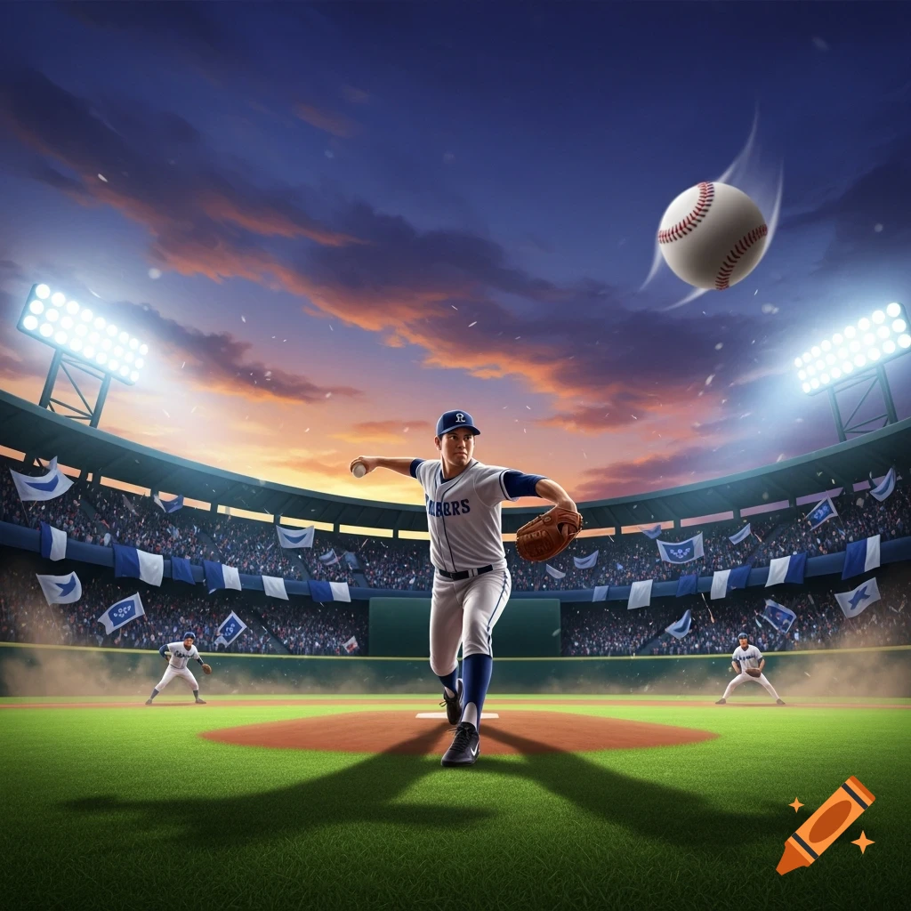 A baseball pitcher throws a ball on the mound in a packed stadium during a sunset game with bright lights.