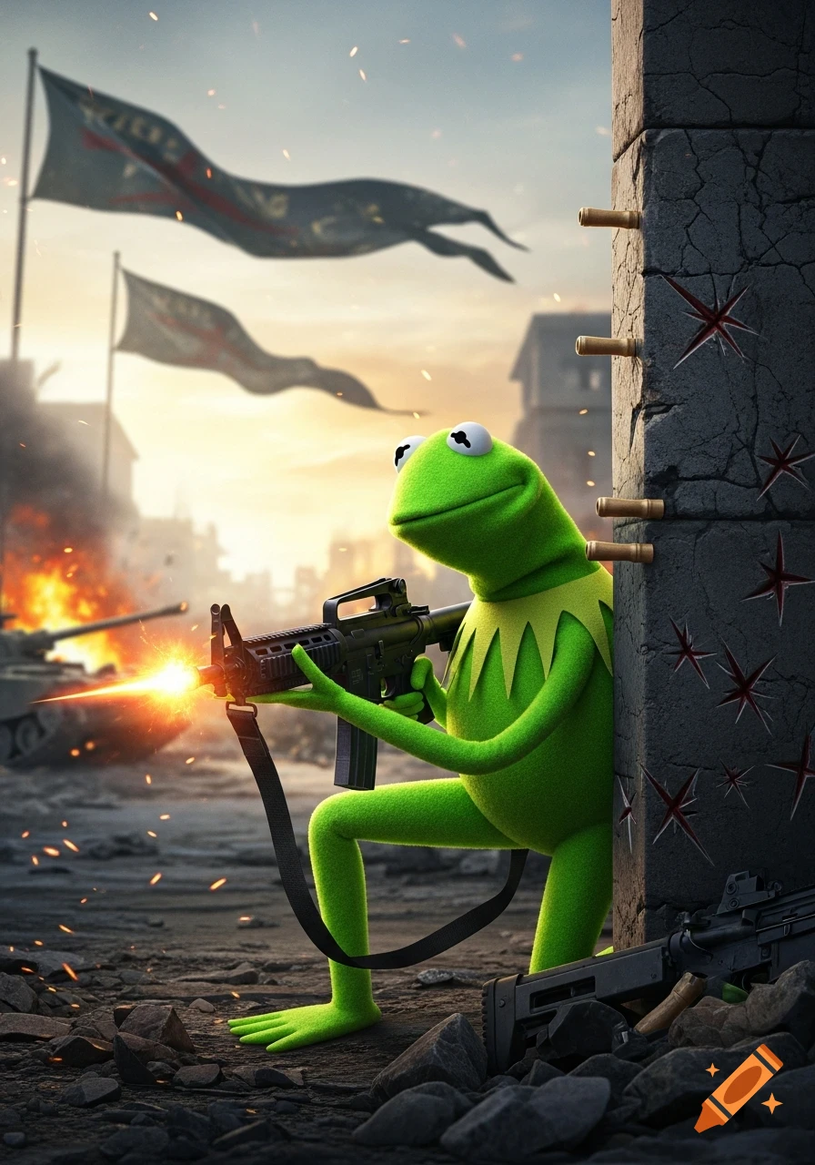 Kermit the Frog crouches behind cover in a war zone, firing an assault rifle with explosions in the background, realistic style.