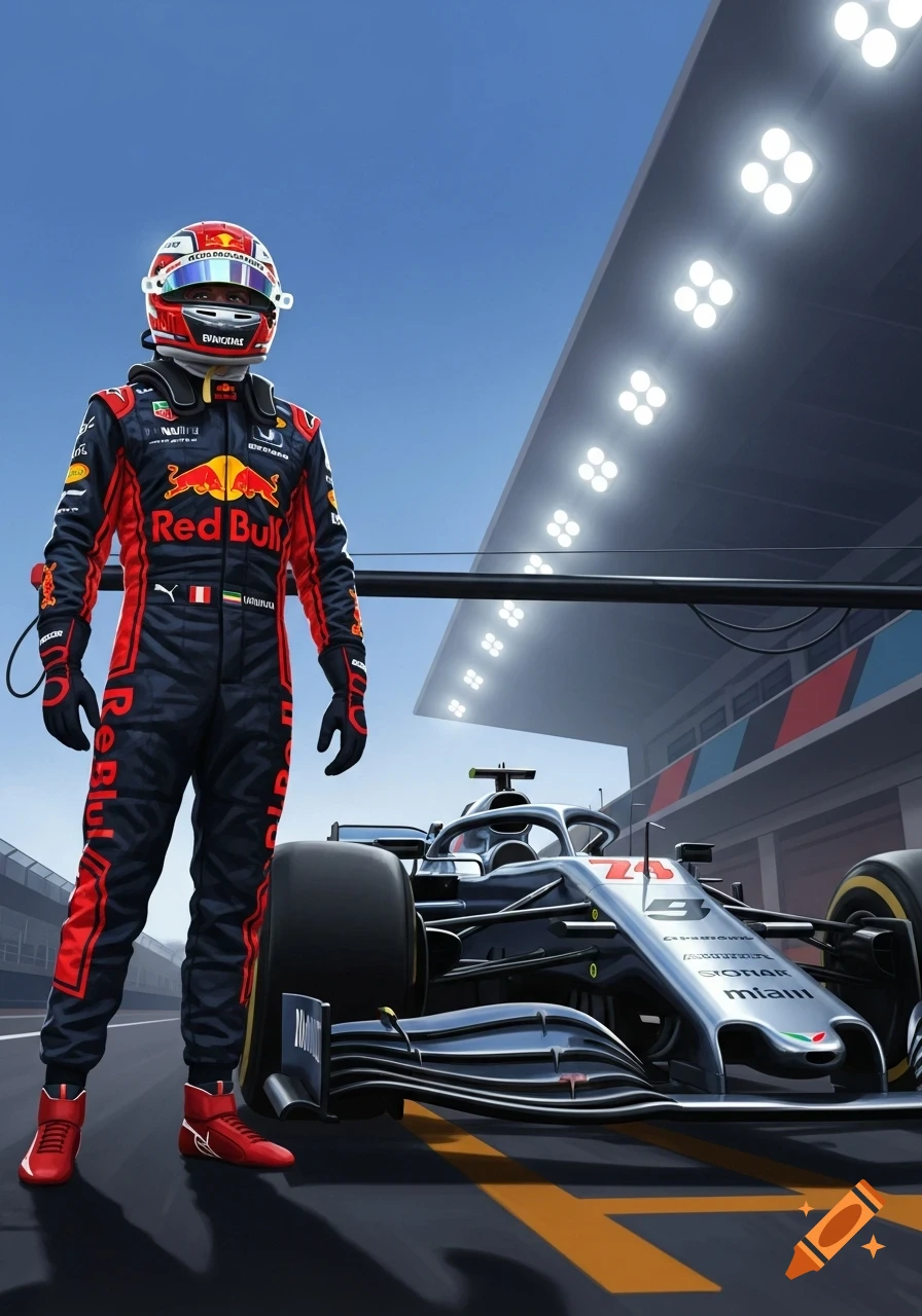 A Formula 1 driver in a Red Bull suit stands next to a silver F1 car on a race track under a blue sky.