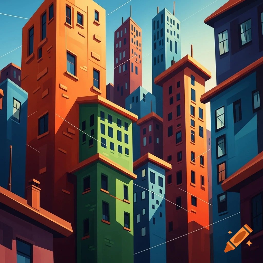Vibrant cubist cityscape with colorful, geometric buildings under a clear blue sky.