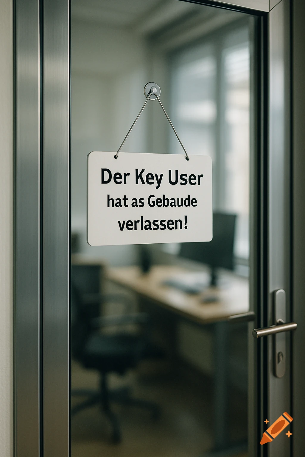 A photorealistic image of a closed glass office door with a white sign saying 'Der Key User hat as Gebäude verlassen!' in German. A blurred office is visible inside.