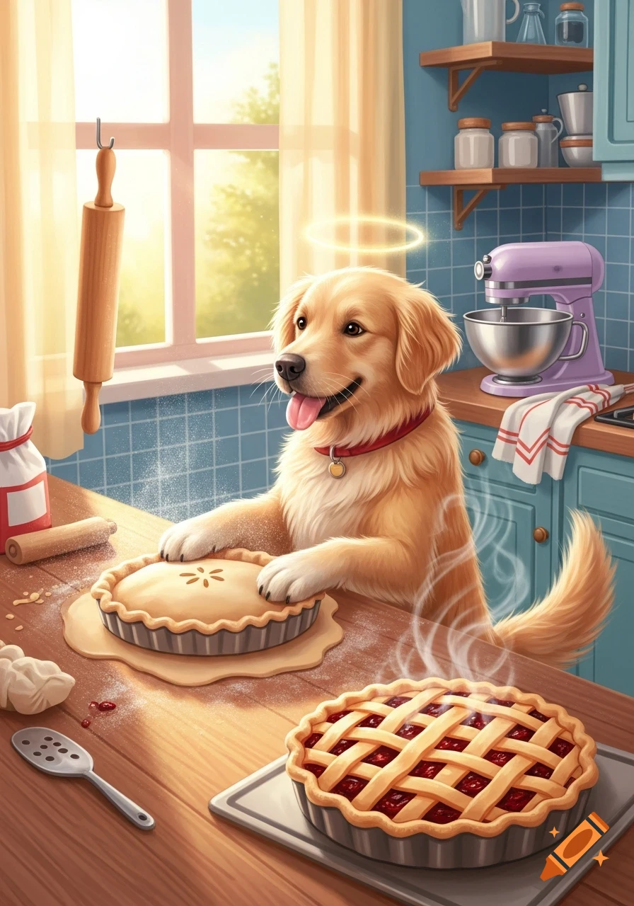 A smiling golden retriever with a halo bakes pies in a sunlit kitchen, standing on its hind legs at a wooden counter.
