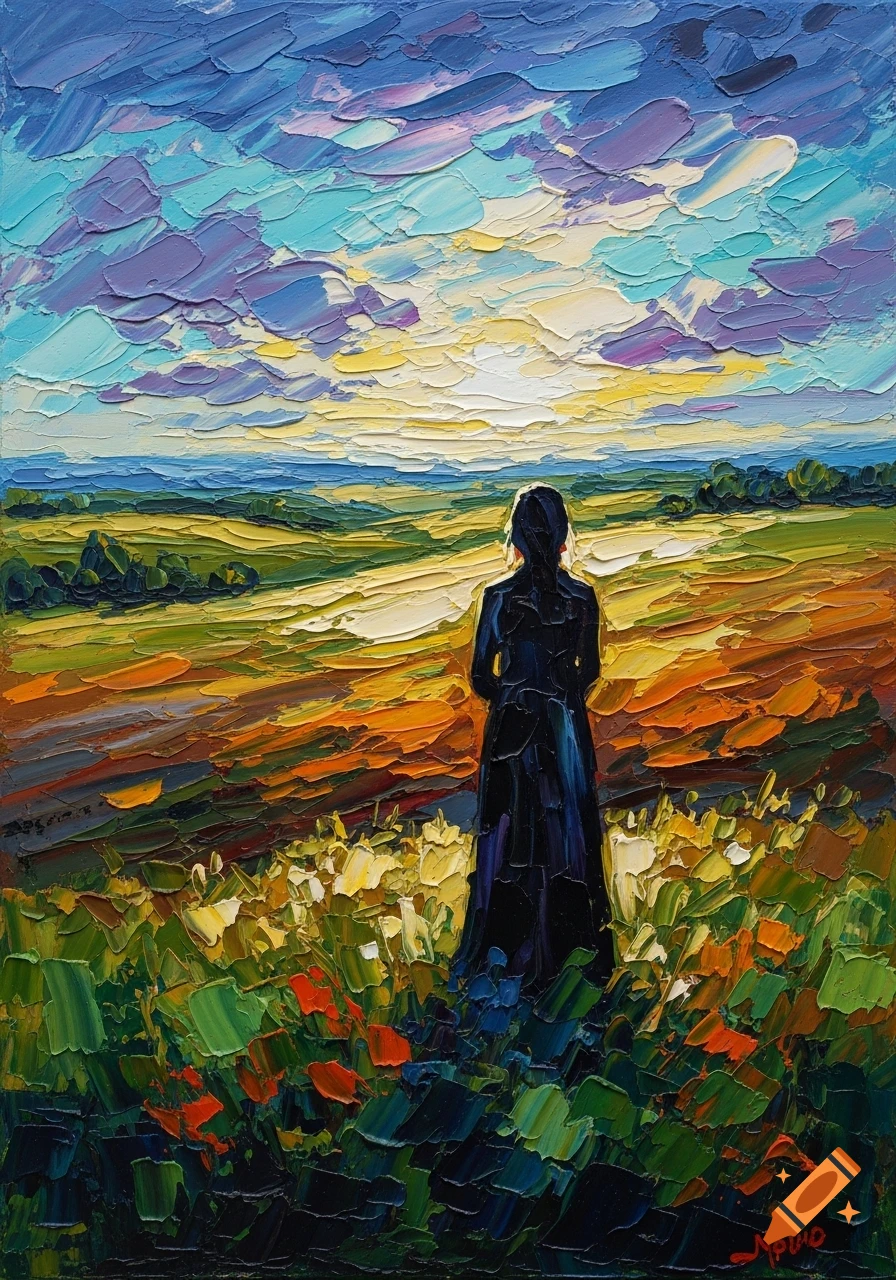 An impasto oil painting depicts a lone figure in a long dark coat standing in a field of colorful flowers, looking at a vibrant sunset sky over a distant horizon.