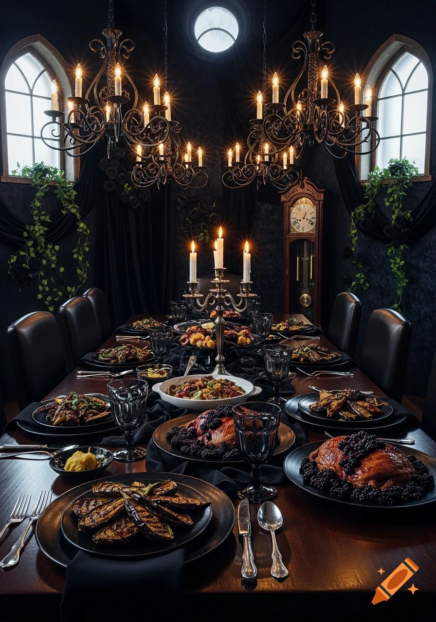 A long dining table set in a dark, gothic-style room with two ornate chandeliers and tall windows. The table is laden with multiple platters of food, including whole roasted birds garnished with blackberries, and lit candelabras. A grandfather clock stands in the background.