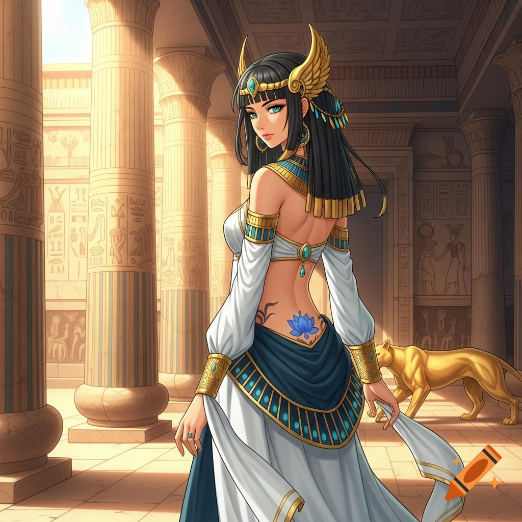 Anime Egyptian princess in white and blue robes with gold jewelry, a lotus tattoo, in an ancient palace with a golden panther.