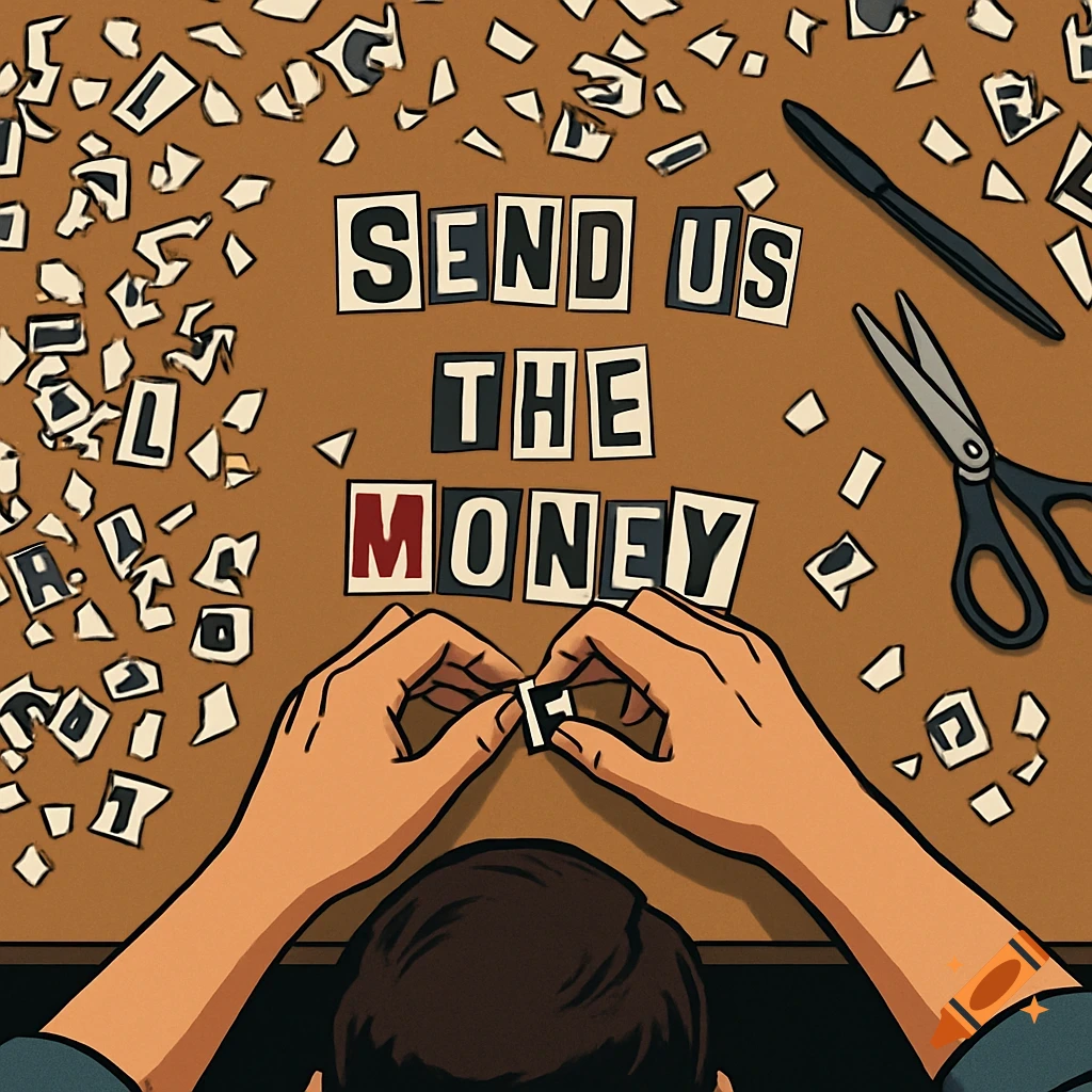 Close-up, graphic novel style, of hands arranging cut-out letters on a table to spell 'SEND US THE MONEY' as a ransom note. Scattered letters, pen, and scissors are nearby.