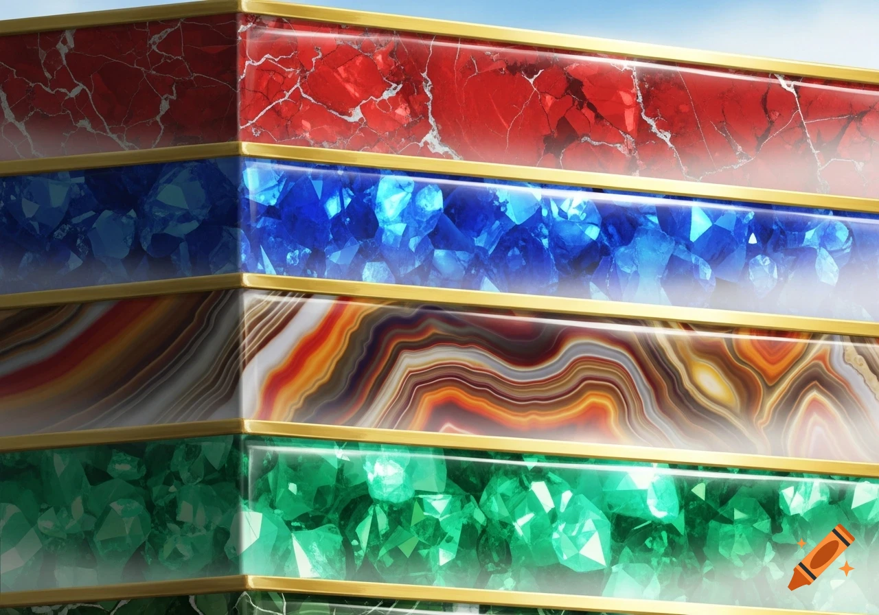 Close-up of stacked layers of red jasper, blue sapphire crystals, banded agate, and green emerald crystals, separated by golden borders.