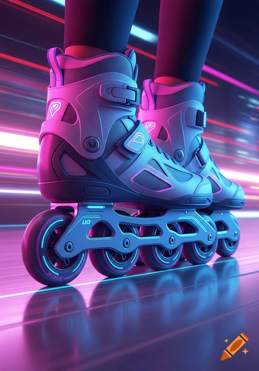 Close-up of futuristic roller skates glowing with neon pink and blue lights on a reflective surface with a blurred neon background.