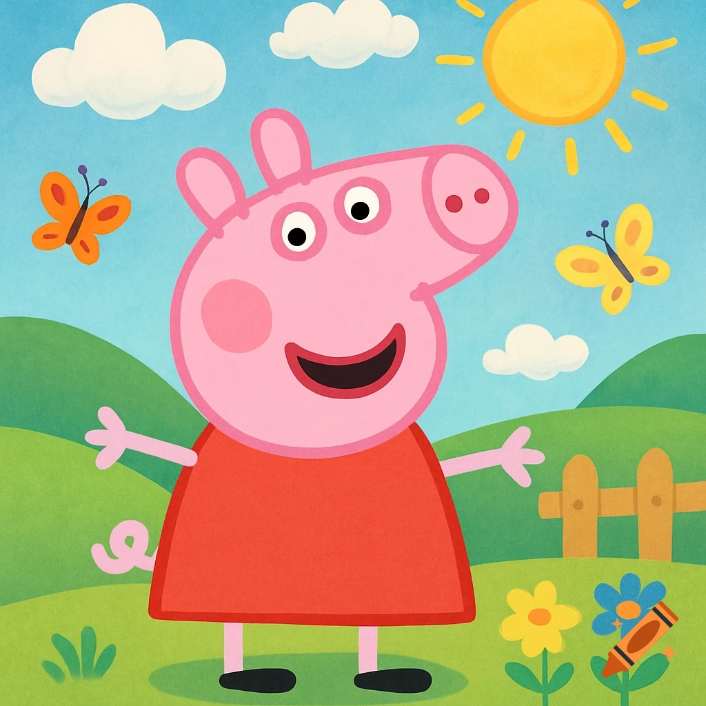 Peppa Pig smiling in a grassy field under a sunny sky with clouds, butterflies, and flowers in a cartoon style.