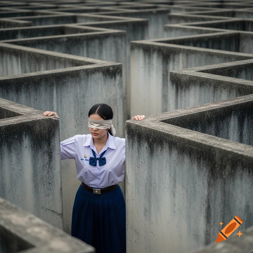 A blindfolded young woman in a Thai school uniform stands between tall concrete walls in a maze, feeling her way around.