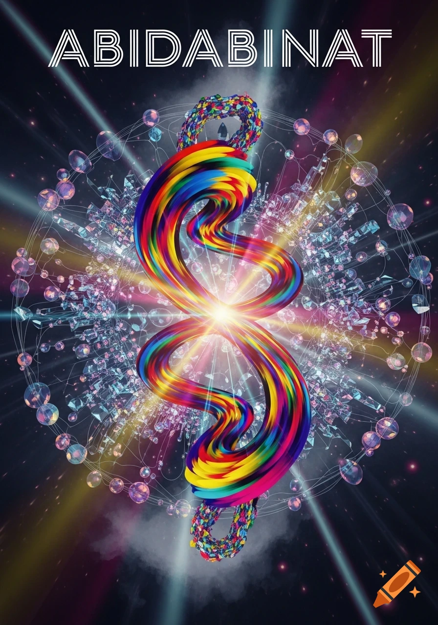 Vibrant rainbow twisted ribbon in a cosmic setting with glowing crystals, bubbles, and 'ABIDABINAT' text.