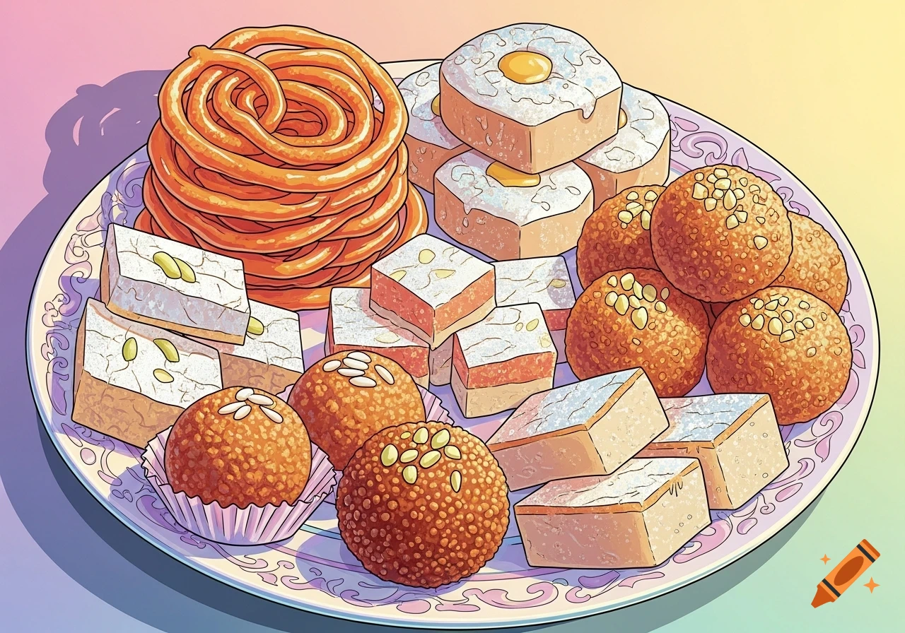 A pop art-style illustration of a plate piled with various pastel Indian sweets, including jalebi, barfi, and laddoo.