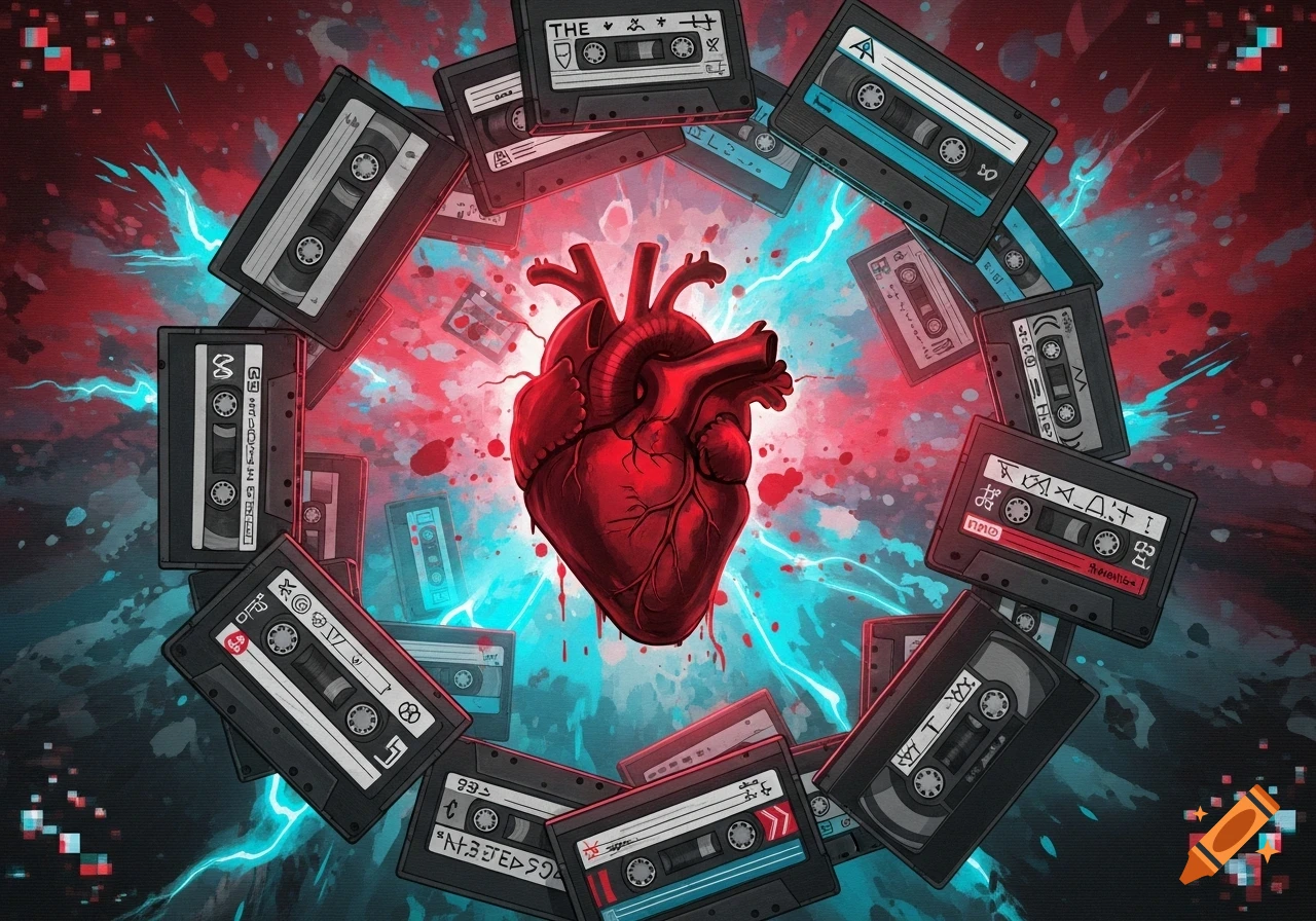 Stylized anatomical heart surrounded by cassette tapes with red and blue electric effects, in the style of an album cover.