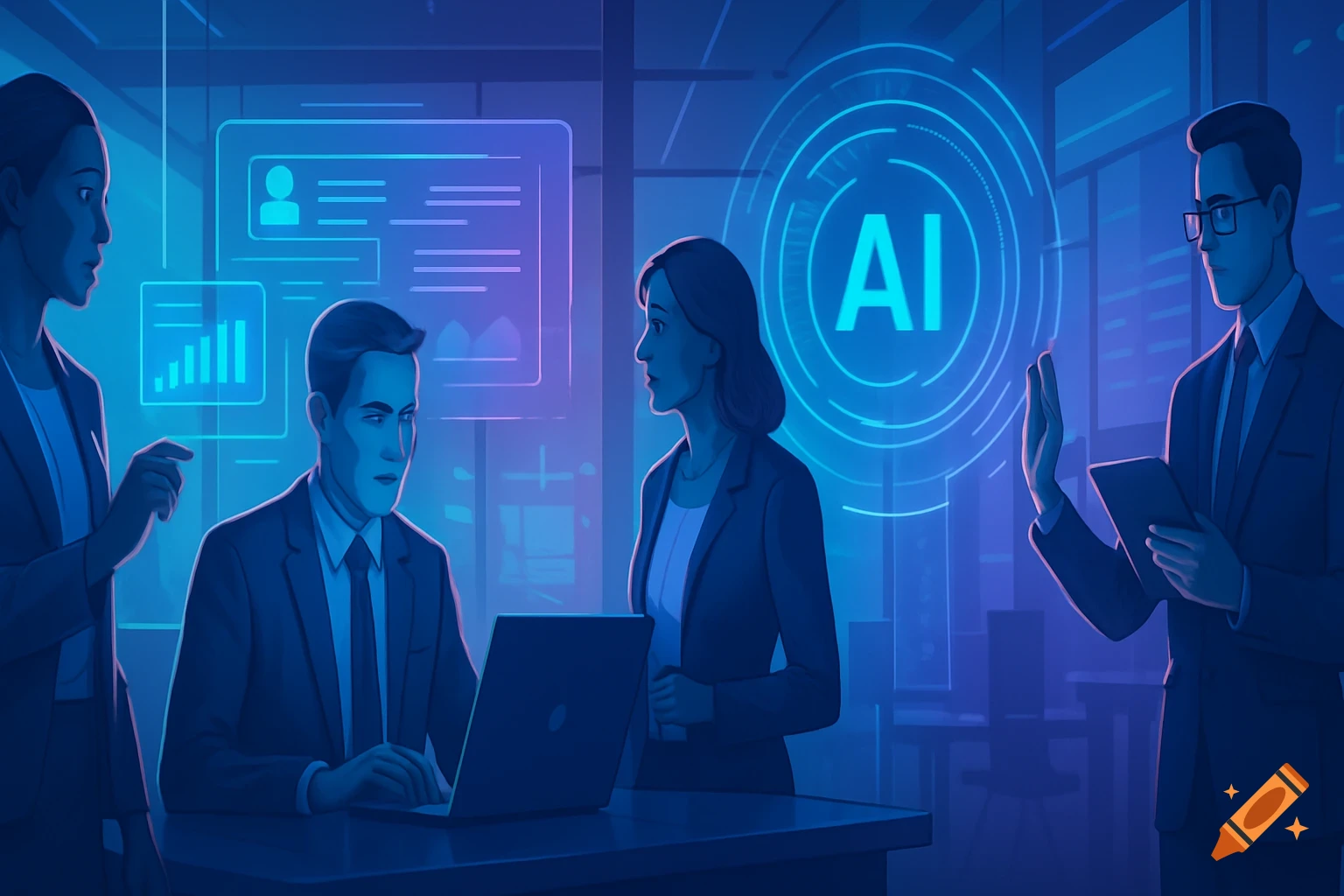 Business people in a futuristic office working with technology, with a large glowing 'AI' symbol. Modern digital art style.