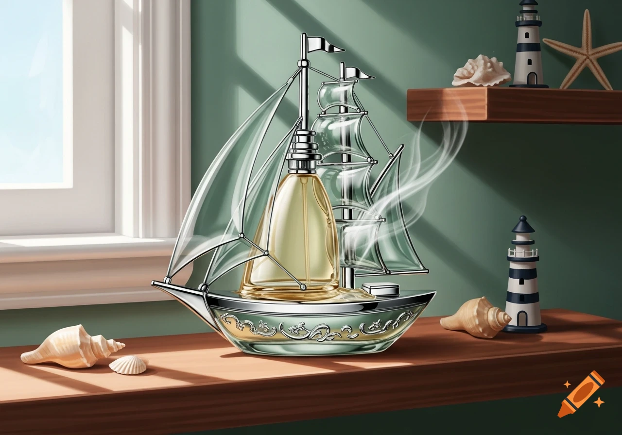 An ornate perfume bottle shaped like a silver and green sailboat, surrounded by seashells and lighthouses on a wooden shelf near a window.