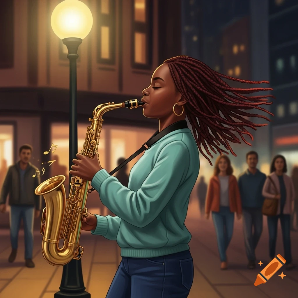 An illustrative image of a Black woman with braids playing a golden saxophone under a glowing streetlamp on a city street at dusk.