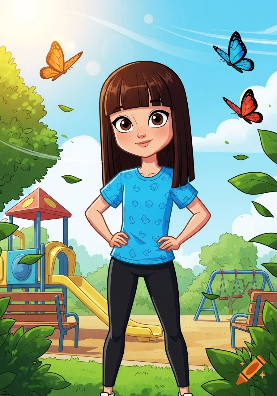 A cartoon girl with brown hair, blue shirt, and black pants stands in a sunny playground with butterflies.