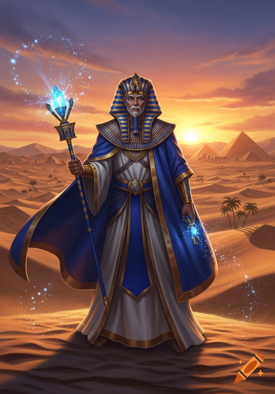 An old Egyptian pharaoh wizard stands in a desert at sunset, holding a glowing blue crystal staff with sparkling magic.