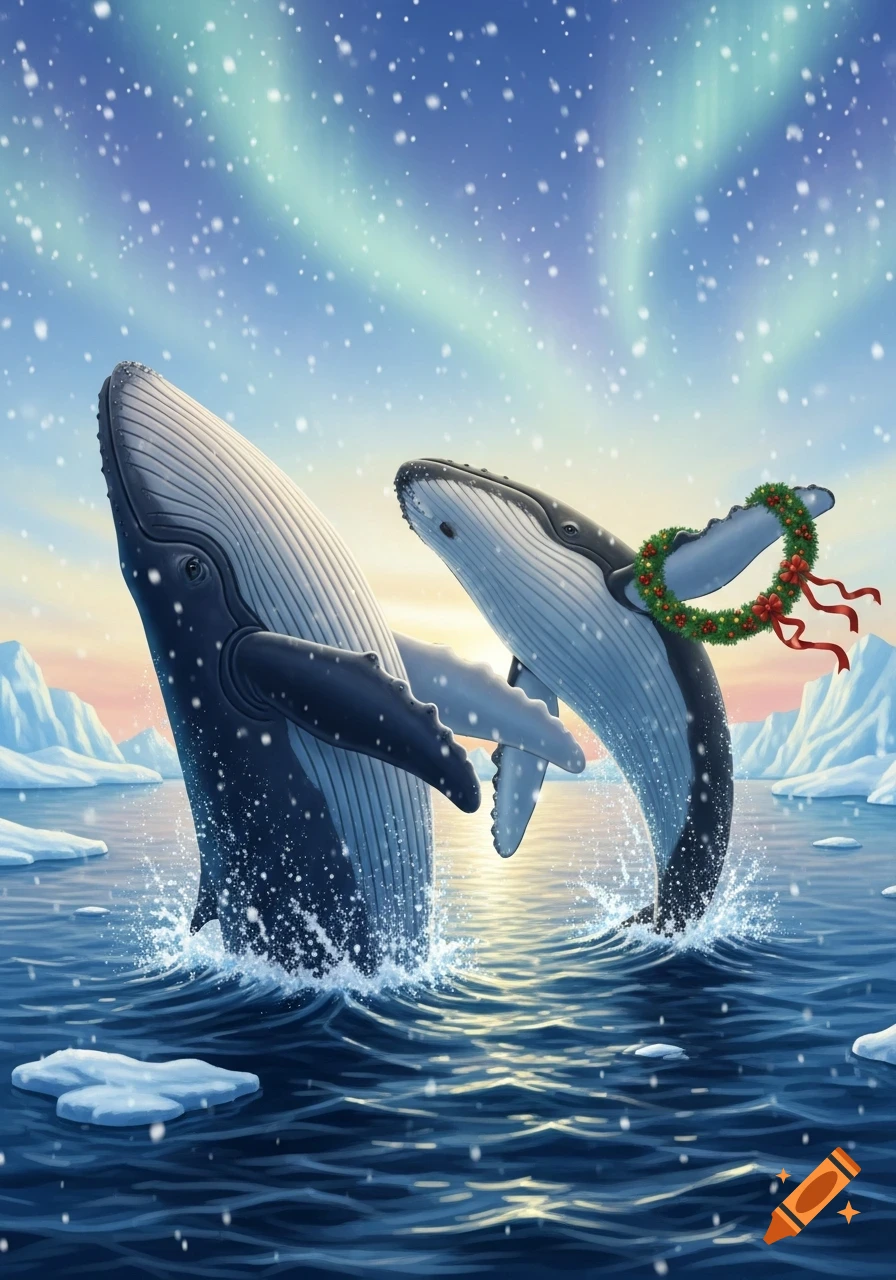 Two whales breach in snowy arctic waters, one wearing a Christmas wreath, under northern lights in an illustration.