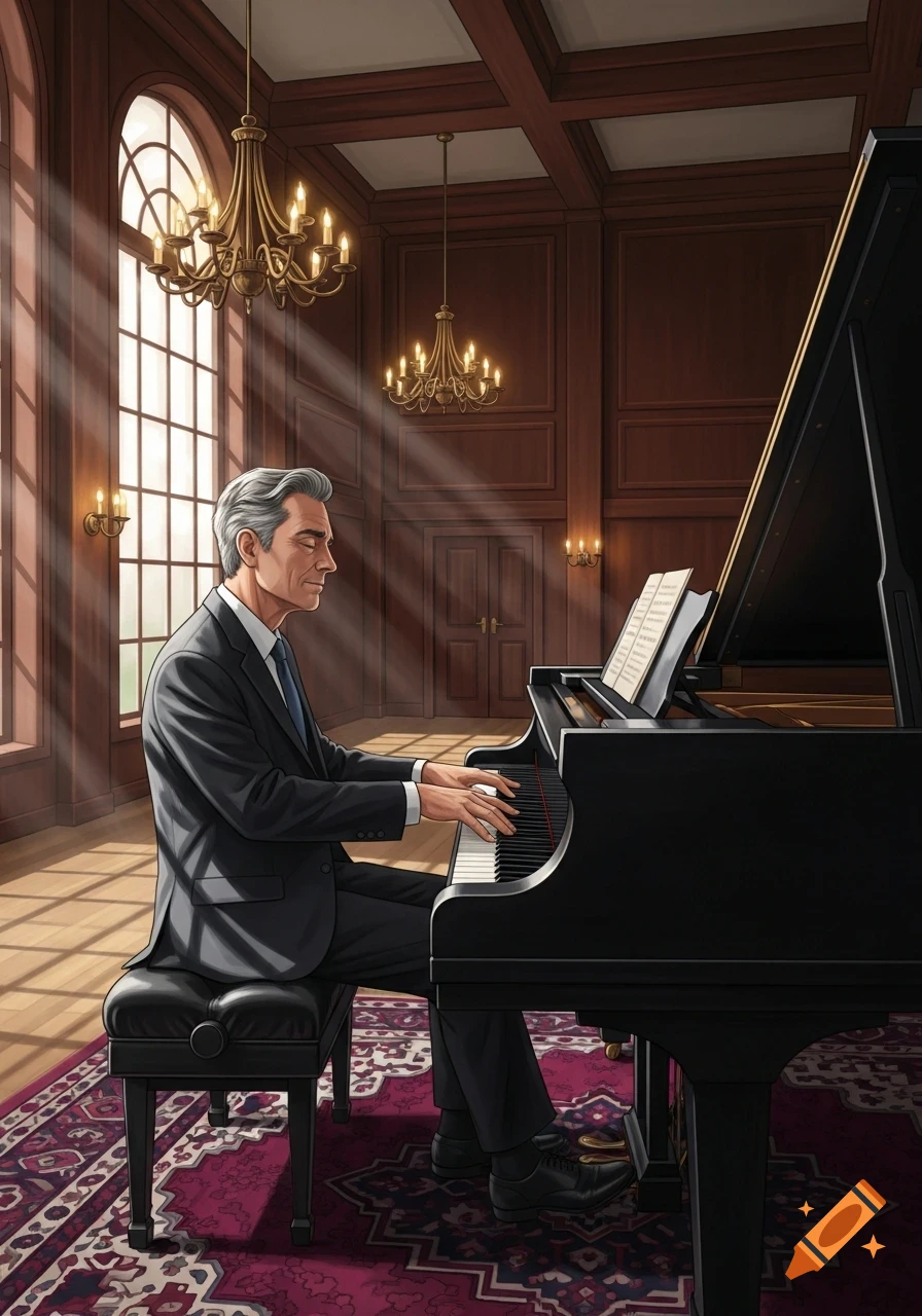 A mature man in a suit plays a grand piano in an elegant room, with sunlight streaming through large windows.