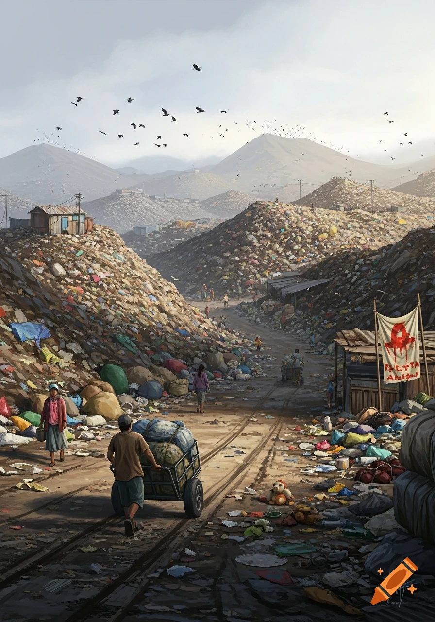 A vast valley filled with mountains of trash and debris, with dirt roads winding through it. People walk along the paths, some pushing carts loaded with items. Small, dilapidated shacks are visible amidst the garbage piles. Birds fly in a hazy sky above the distant hills.