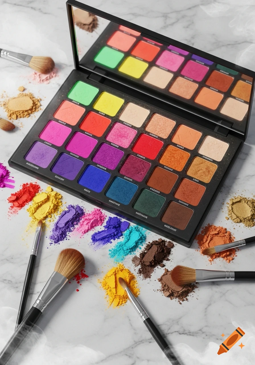 An open black eyeshadow palette with vibrant and earthy colors sits on a marble surface, surrounded by piles of loose powdered makeup and various brushes.