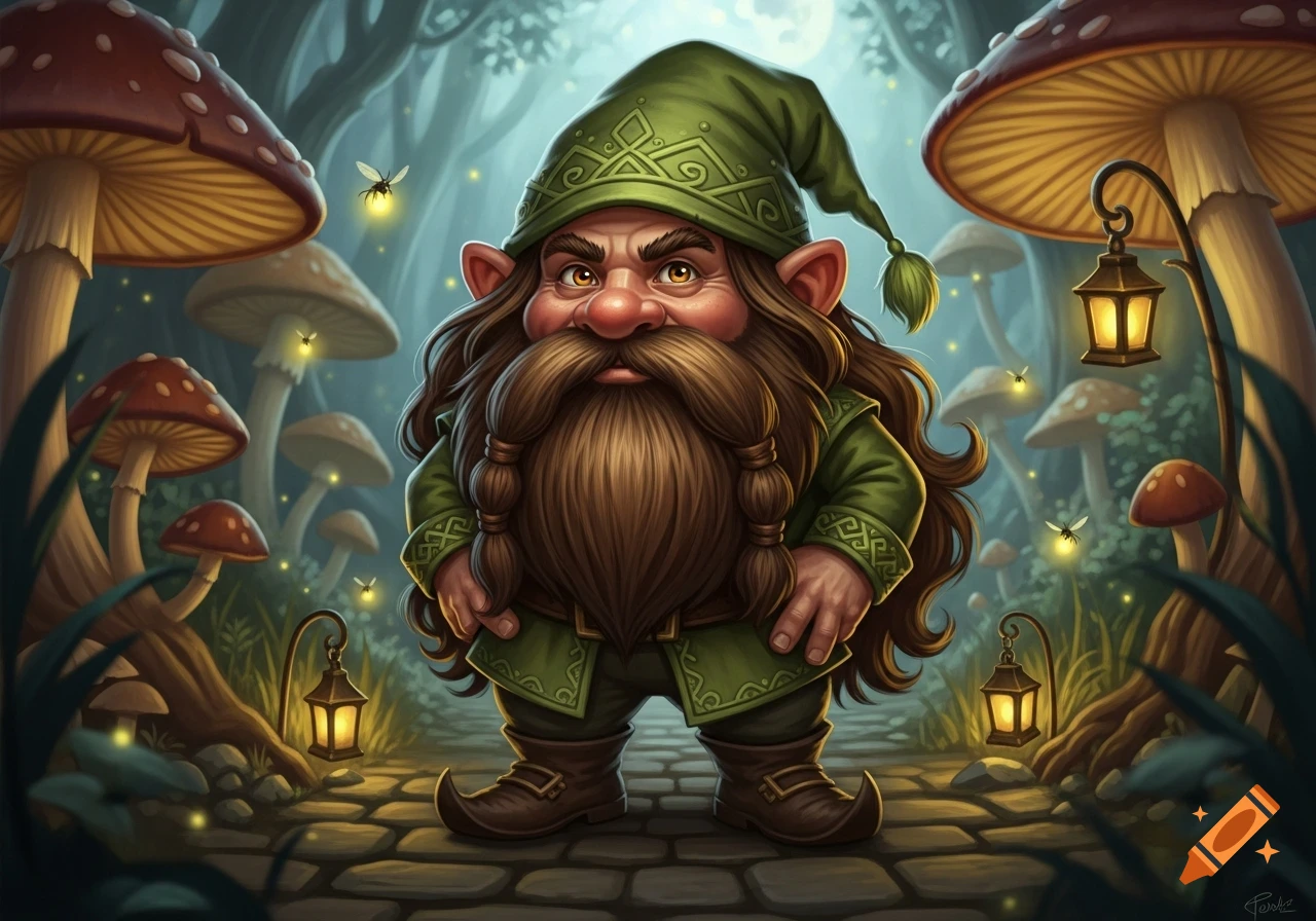 A stylized illustration of a grumpy dwarf gnome with a green hat and long brown beard, standing on a stone path in an enchanted forest with glowing mushrooms, lanterns, and fireflies.