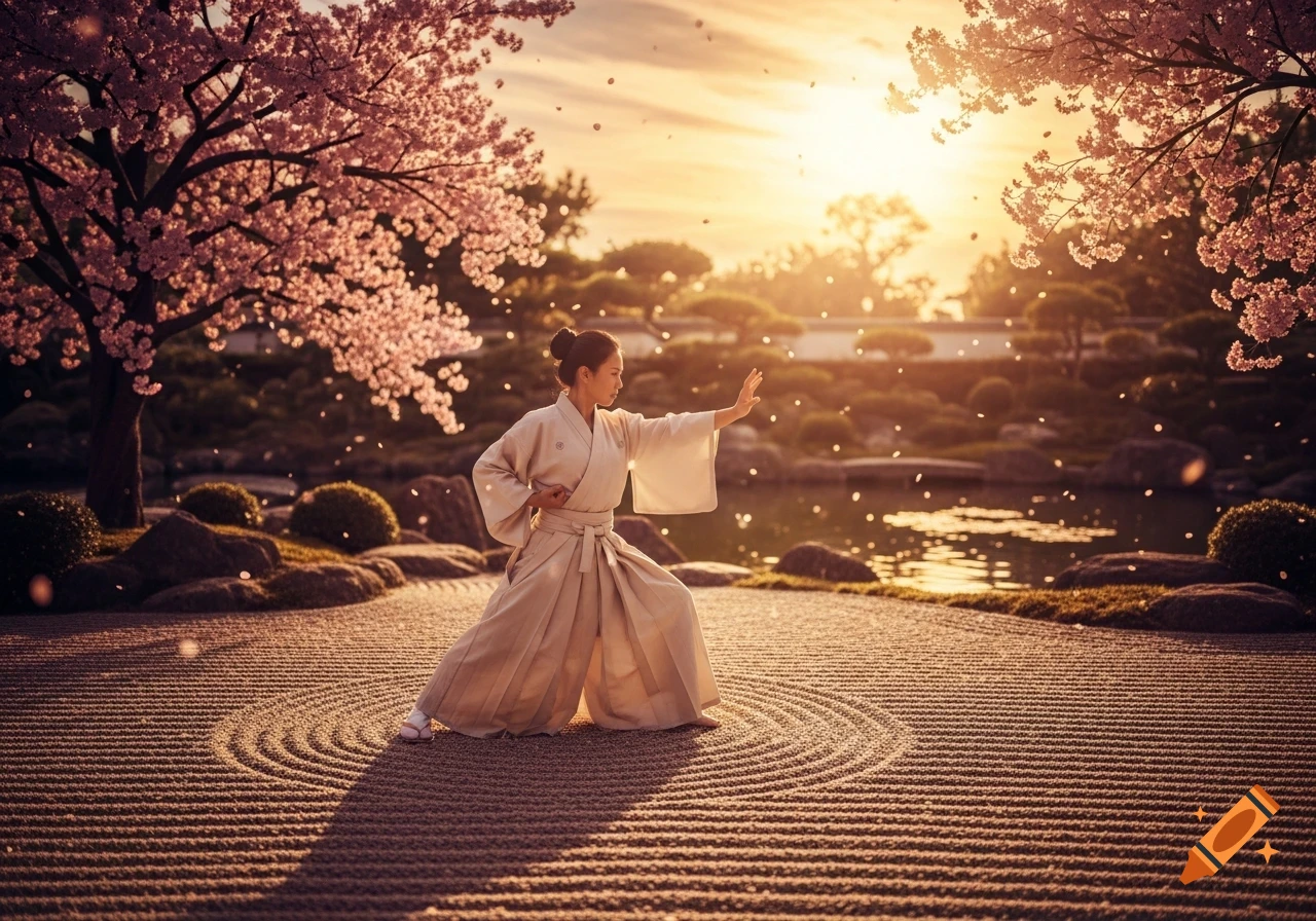 A person in a light martial arts gi practices in a raked zen garden under cherry blossom trees at sunset, with petals falling.