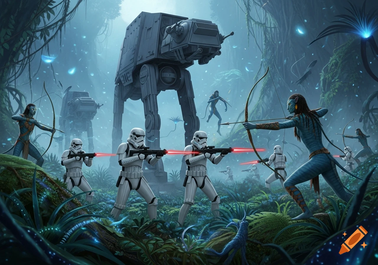 Stormtroopers and Na'vi battle in a lush, alien jungle, with AT-AT walkers looming in the background.