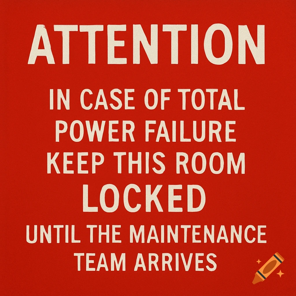 A red warning sign with white text reading: 'ATTENTION In case of total power failure, keep this room LOCKED until the maintenance team arrives.'