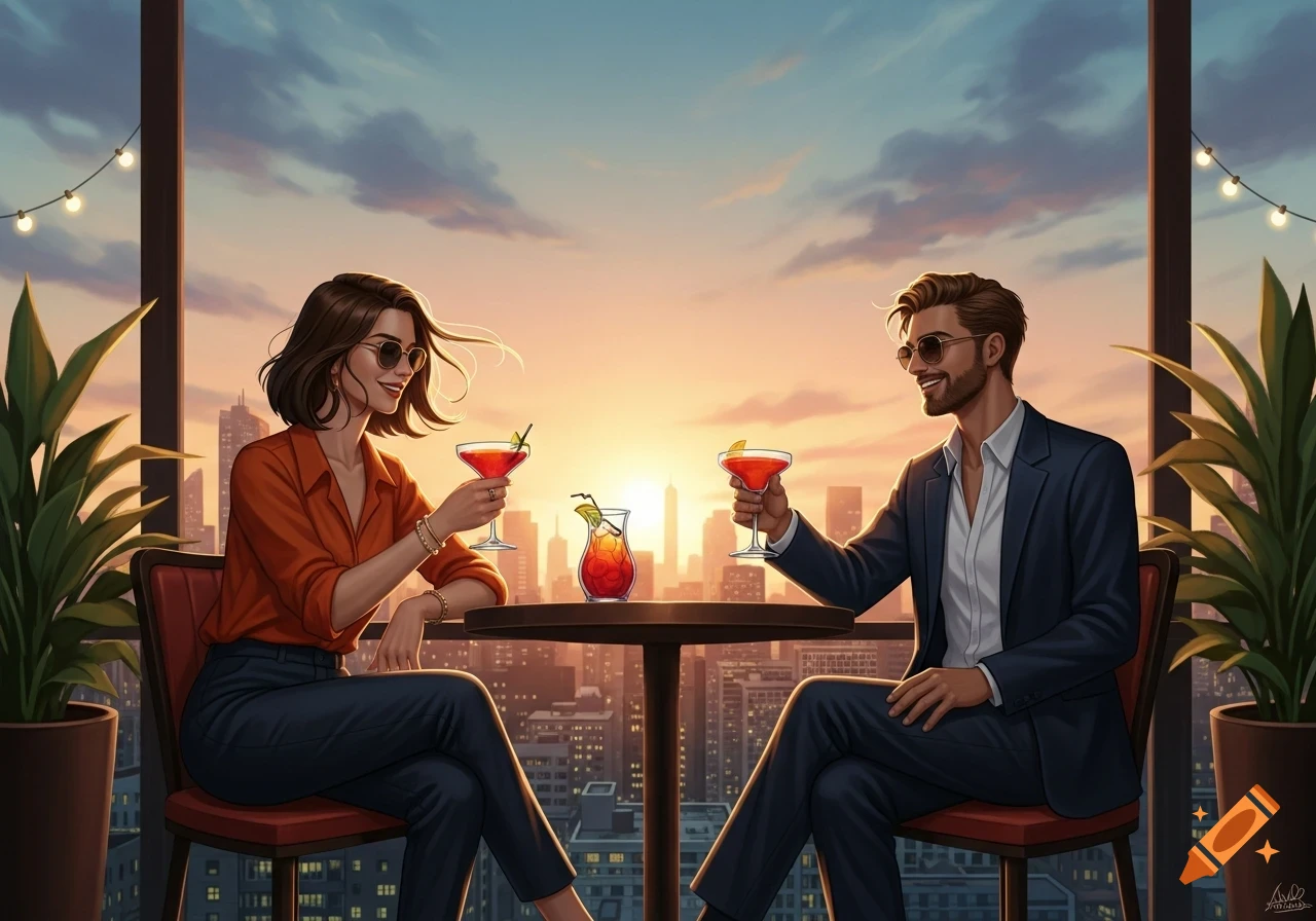 A man and a woman in sunglasses drink cocktails on a rooftop bar overlooking a city skyline at sunset.