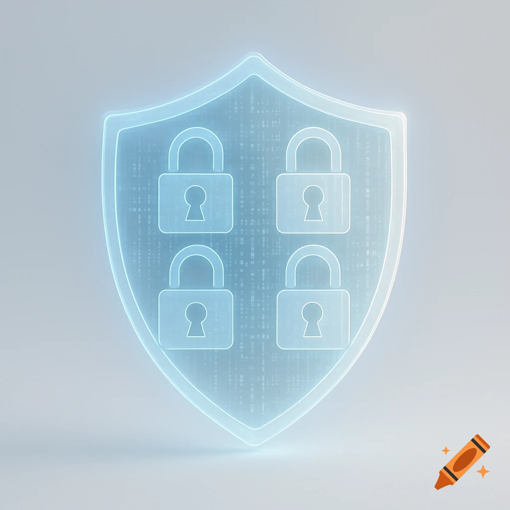 A glowing blue shield with four outlined padlocks and a subtle digital code background, symbolizing privacy and security.