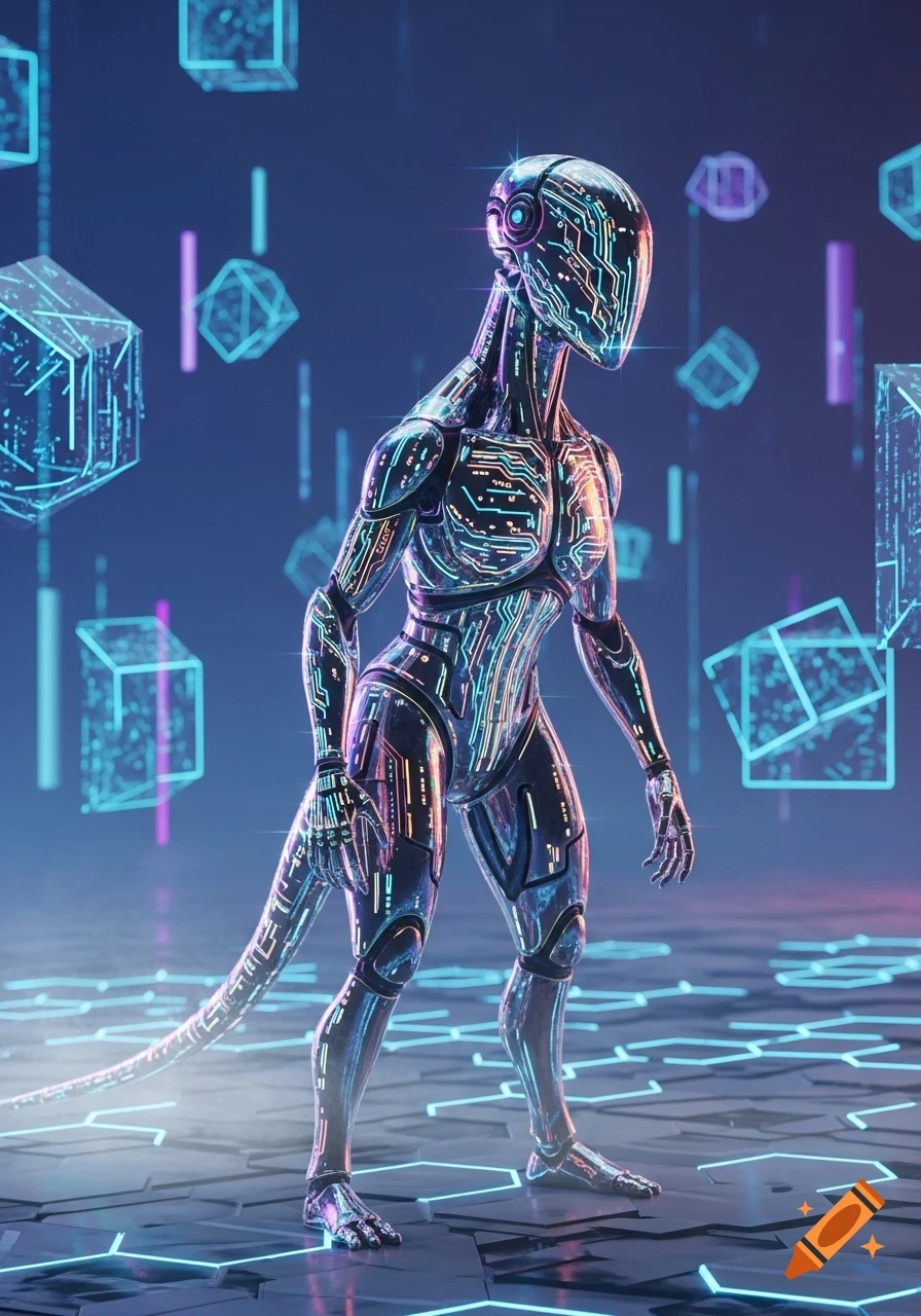 Sleek metallic humanoid robot with glowing circuit patterns and a tail ...