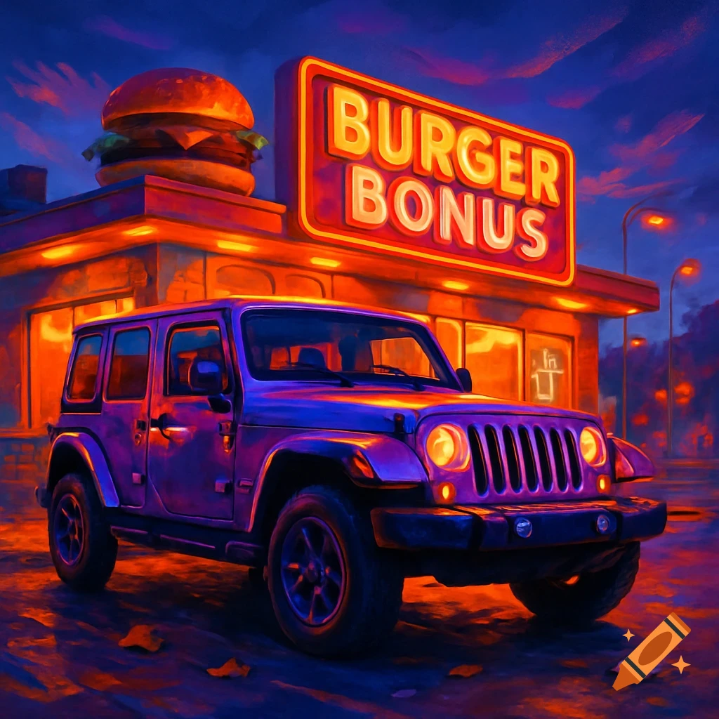 A purple Jeep parked in front of a neon-lit Burger Bonus fast-food restaurant at night, digital painting style.