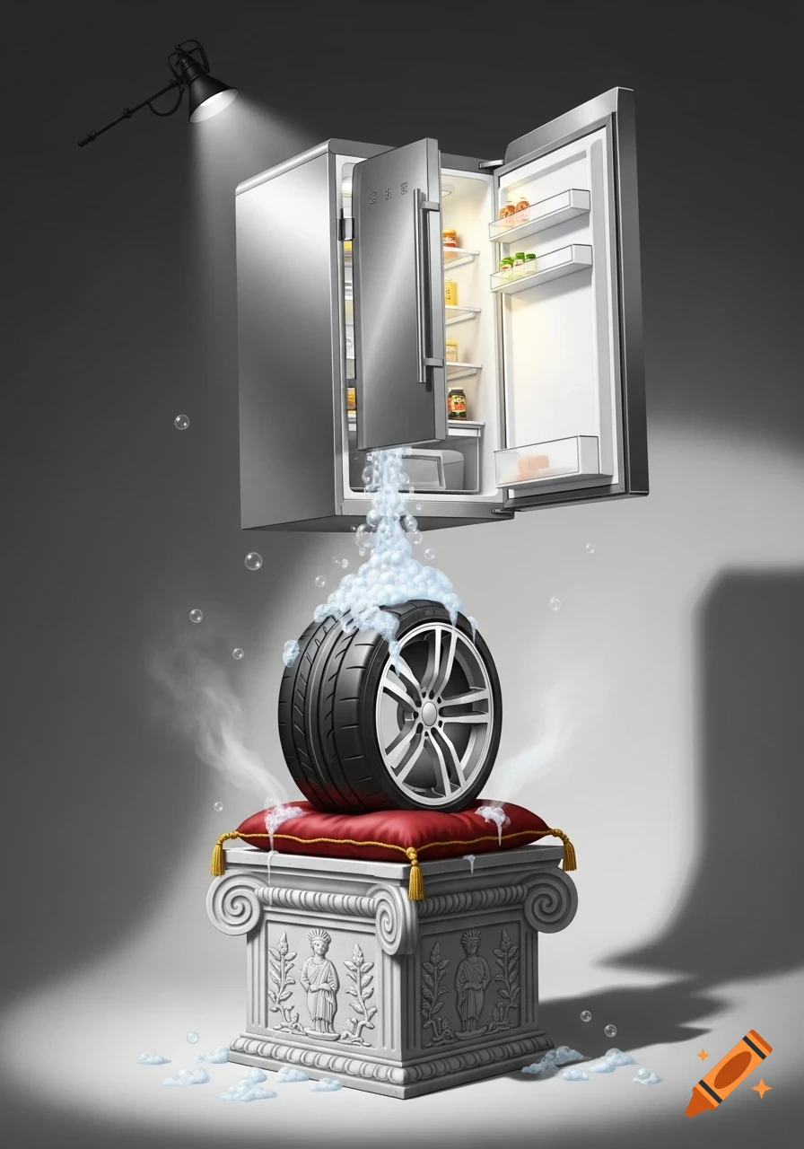 A surreal image of a refrigerator pouring soap onto a car tire resting on a red cushion on a classical pedestal, with a spotlight.