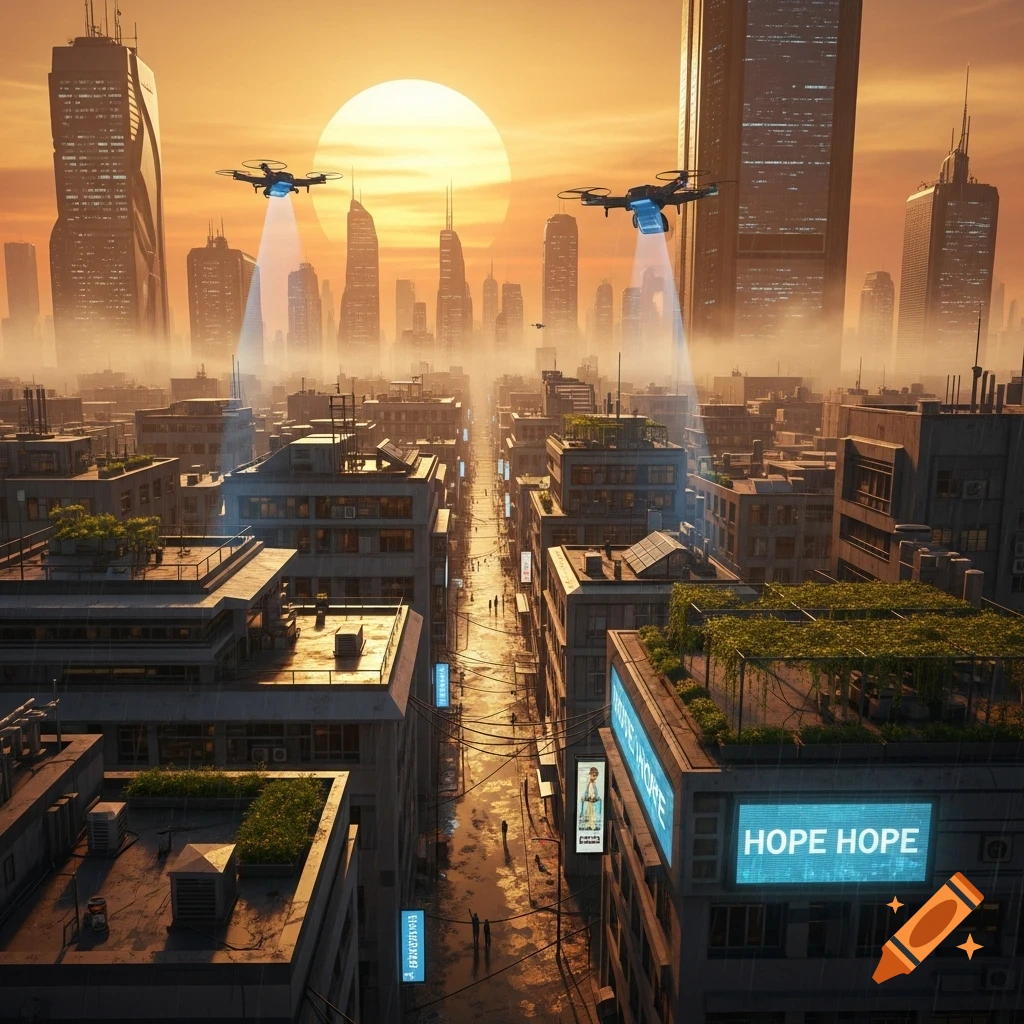 A futuristic cityscape with tall buildings under an orange sunset, two drones flying with light beams, and a narrow street with people below.