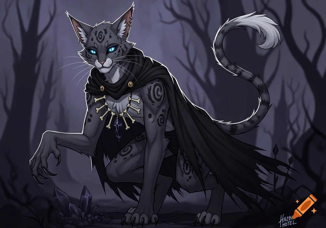 A grey feline demon with glowing blue eyes, a black cloak, and a bone necklace crouches in a dark, stylized forest.