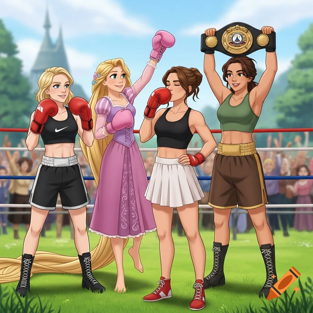 Four diverse female cartoon boxers, including Rapunzel, stand in a ring. One with a championship belt, another kissing her glove, one with a Nike sports bra, and Rapunzel in a pink dress raising a gloved hand joyfully.
