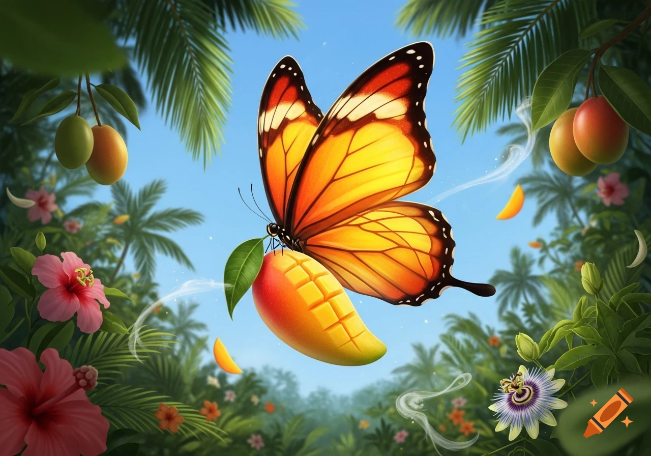 A colorful butterfly with orange and yellow wings holds a sliced mango in a lush tropical setting with palm trees and hibiscus flowers.