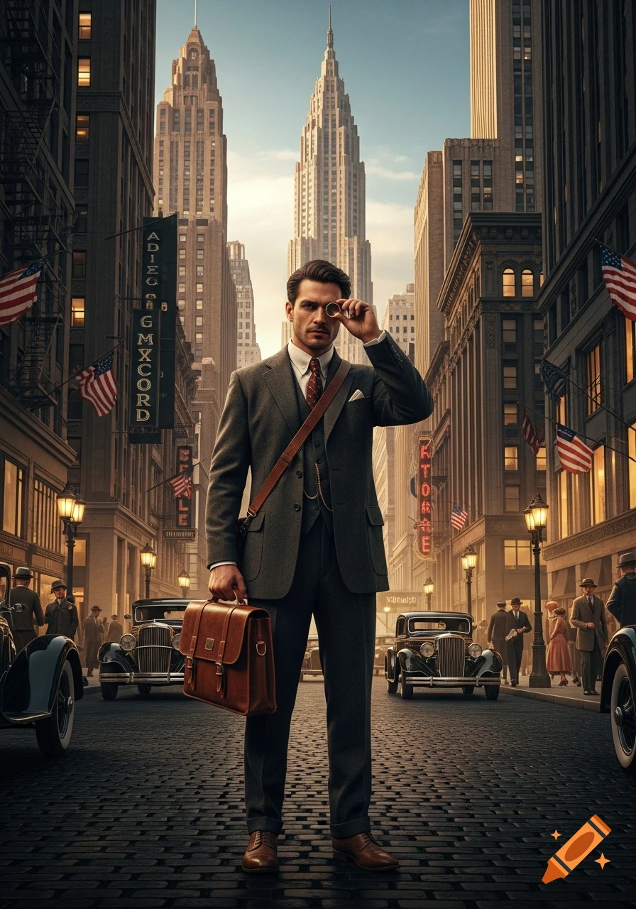 A man in a 1920s suit with a briefcase and monocle stands on a cobblestone street in a city with classic cars and tall buildings.