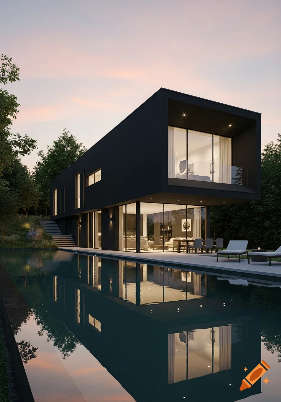 Photorealistic image of a black modern house with a pool, surrounded by trees, at sunset.