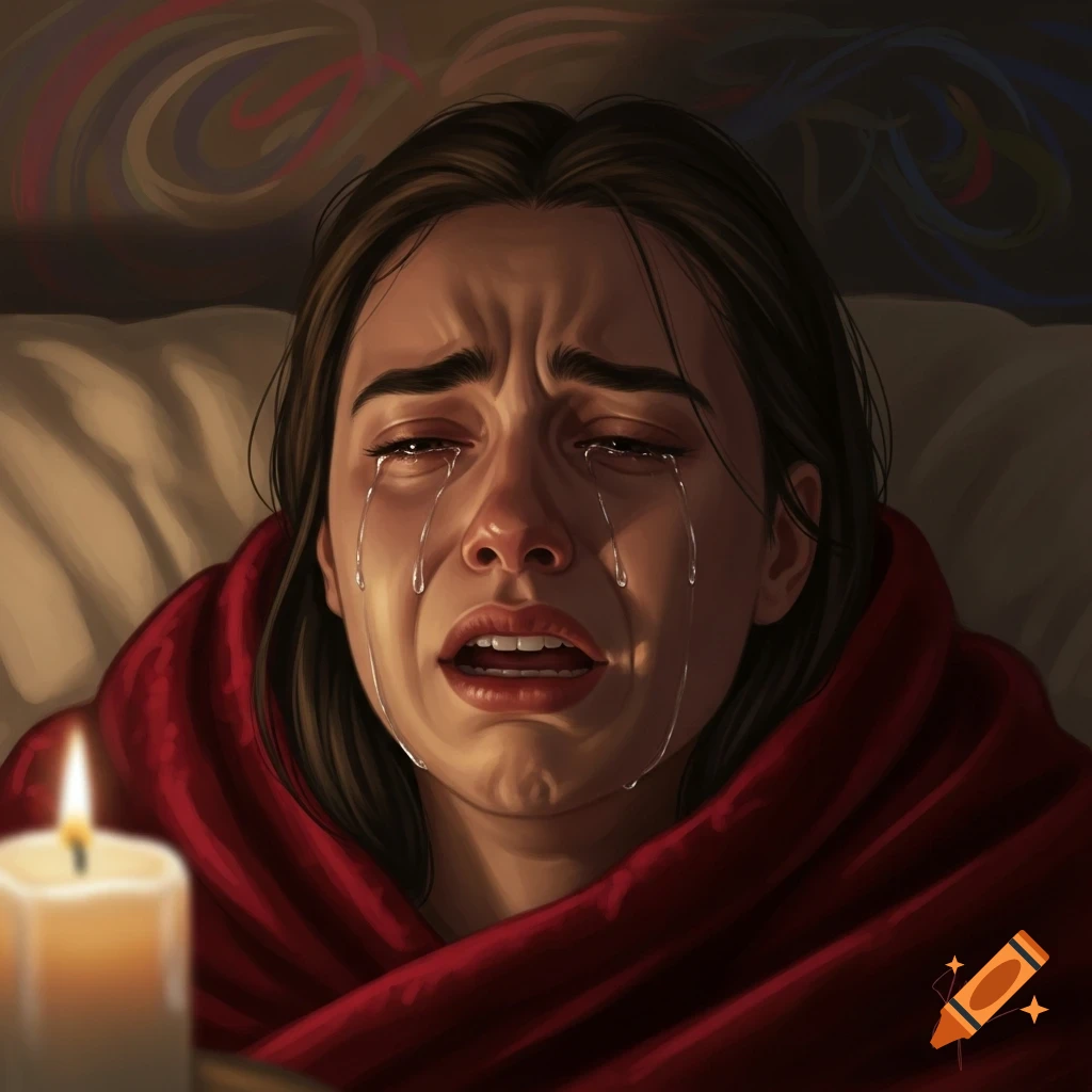An intense illustration of a crying woman, tears streaming down her face, wrapped in a red blanket, with a candle in the foreground.