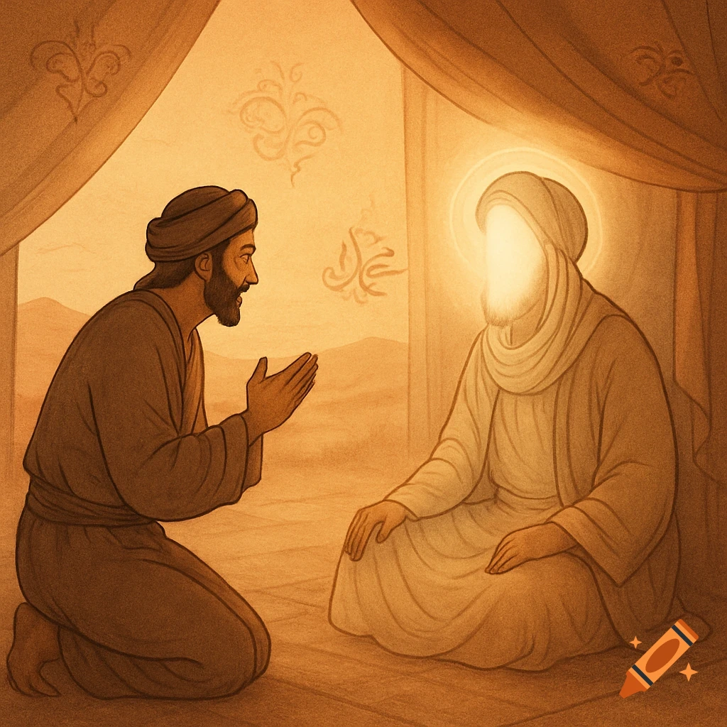 A kneeling man in a brown robe with clasped hands faces a seated figure with a glowing face inside a tent, in an illustrative style.